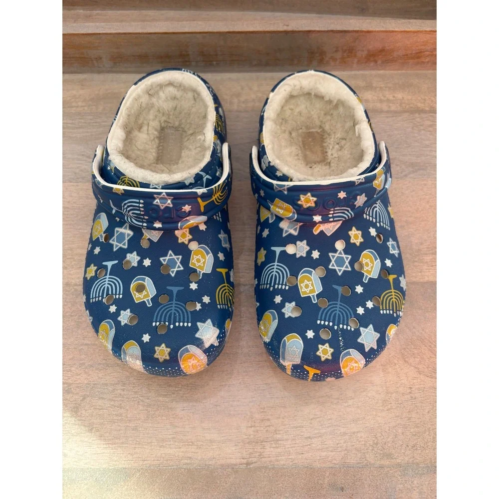 Crocs Hanukkah Classic Lined Clogs Navy Blue Menorah Dreidel Holiday Kids Sz 1